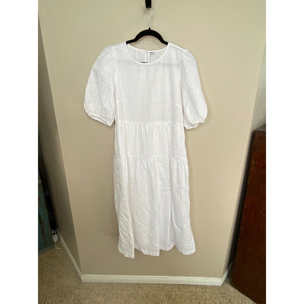 Old Navy Womens White Tiered Midi Dress M Puff Sleeve Cotton Blend Pullover‎